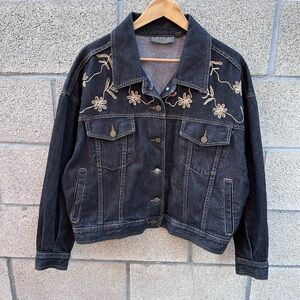Vintage Karen Kane Embroidered Flowers Denim Jacket Womens M Oversized Made USA